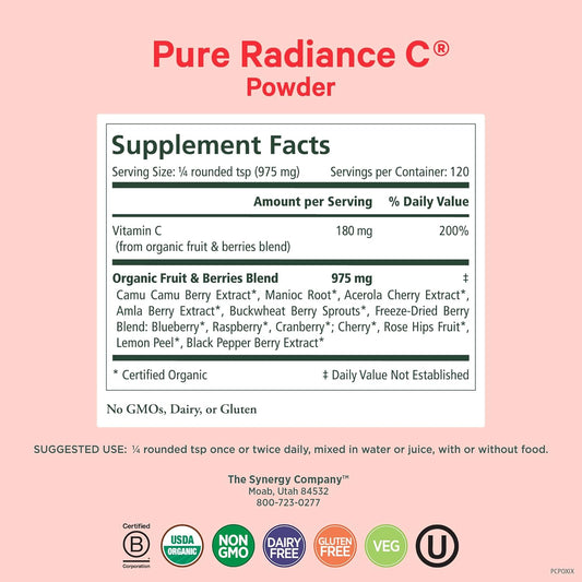 Pure Synergy Pure Radiance C | Organic Vitamin C Powder | 100% Natural, Whole Food, Non-Gmo Supplement With Camu Camu Extract | For Immune And Collagen Support (4 Oz Powder)