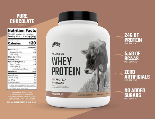 Levels Grass Fed Whey Protein Powder, No Artificials, 24G Of Protein, Pure Chocolate, 5Lb