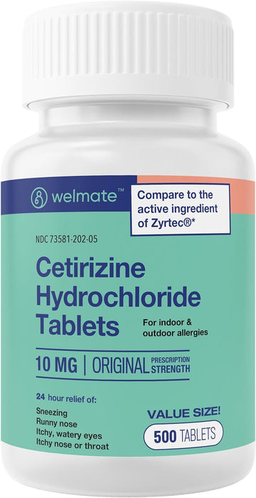 Welmate | Allergy Relief | Cetirizine Hcl 10 Mg | 24Hr Support | Antihistamine | Pollen | Hay Fever | Dry & Itchy Eyes | Itchy Nose Or Throat | Indoor & Outdoor Allergy Medication | 500 Ct