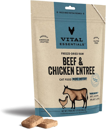 Vital Essentials Freeze Dried Raw Cat Food, Beef & Chicken Mini Patties Entree, 3.75 Oz