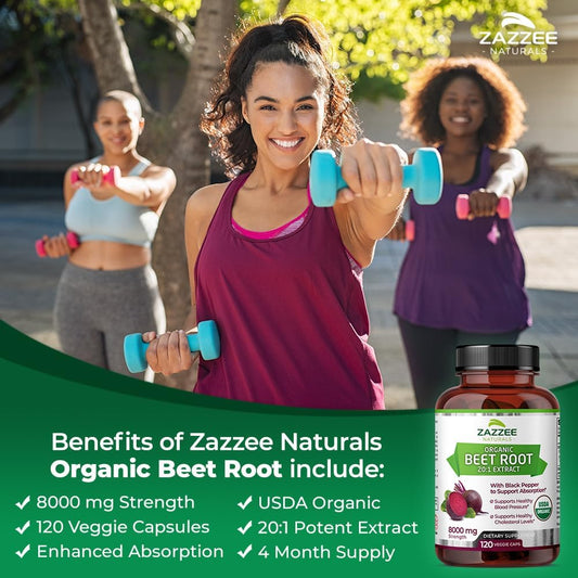 Zazzee Usda Organic Beet Root 8000 Mg Strength 20:1 Extract, 120 Vegan Quick Release Capsules, Black Pepper Extract For Enhanced Absorption, Supports Nitric Oxide Production, Non-Gmo, Made In The Usa