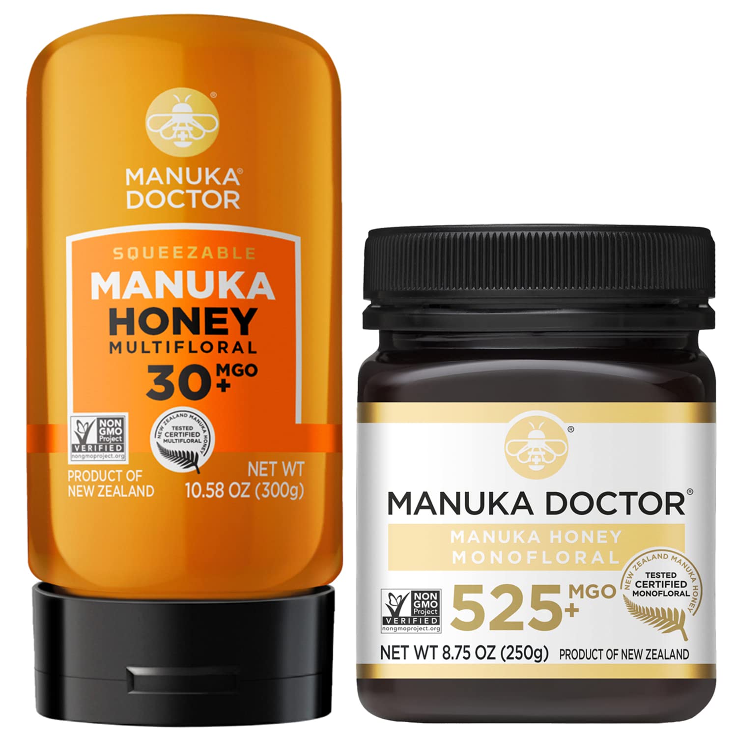 Manuka Doctor - Mgo 30+ Multifloral Squeezy And Mgo 525+ Monofloral Manuka Honey Value Bundle, 100% Pure New Zealand Honey. Certified. Guaranteed. Raw. Non-Gmo