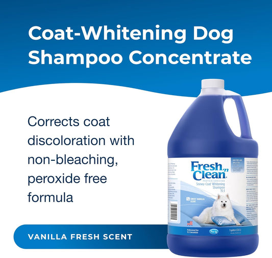 Pet-Ag Fresh ’N Clean Whitening Snowy-Coat Shampoo, Vanilla Scent (15:1 Concentrate) - 1 Gallon - Bleach-Free Formula To Correct Yellow Discoloration - Strengthens & Moisturizes Coats - Soap Free