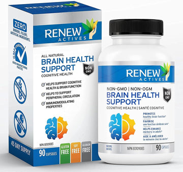 Renew Actives Brain Health Support – Bacopa 300Mg, Ginkgo 100Mg, Lion’S Mane 200Mg Per 2 Capsules – Supports Cognitive Health, Enhanced Memory, Promotes Focus & Mood – Made In Canada - 90 Capsules