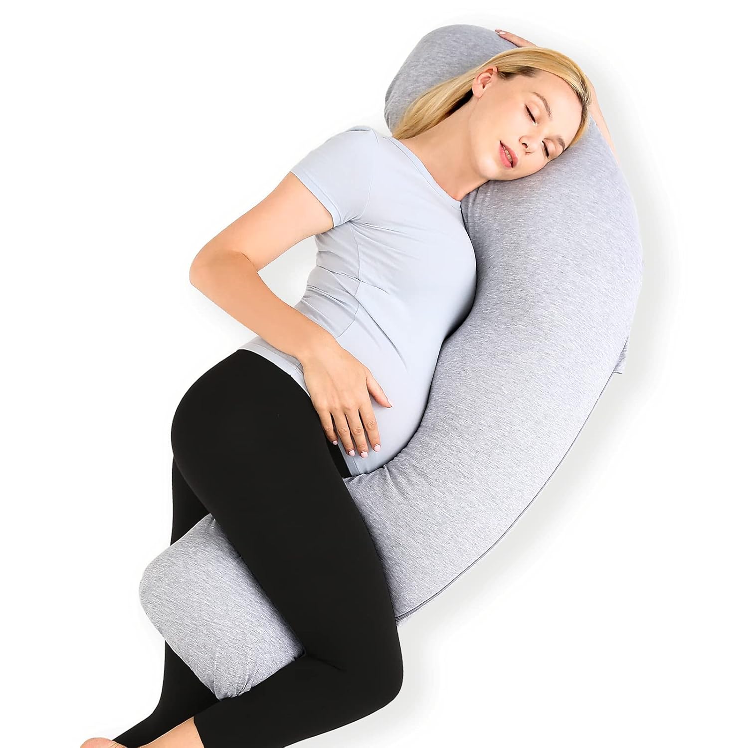 Momcozy Pregnancy Pillows For Side Sleeping, J Shaped Maternity Body Pillow For Pregnancy, Soft Pregnancy Pillow With Jersey Cover For Head Neck Belly Support, Grey