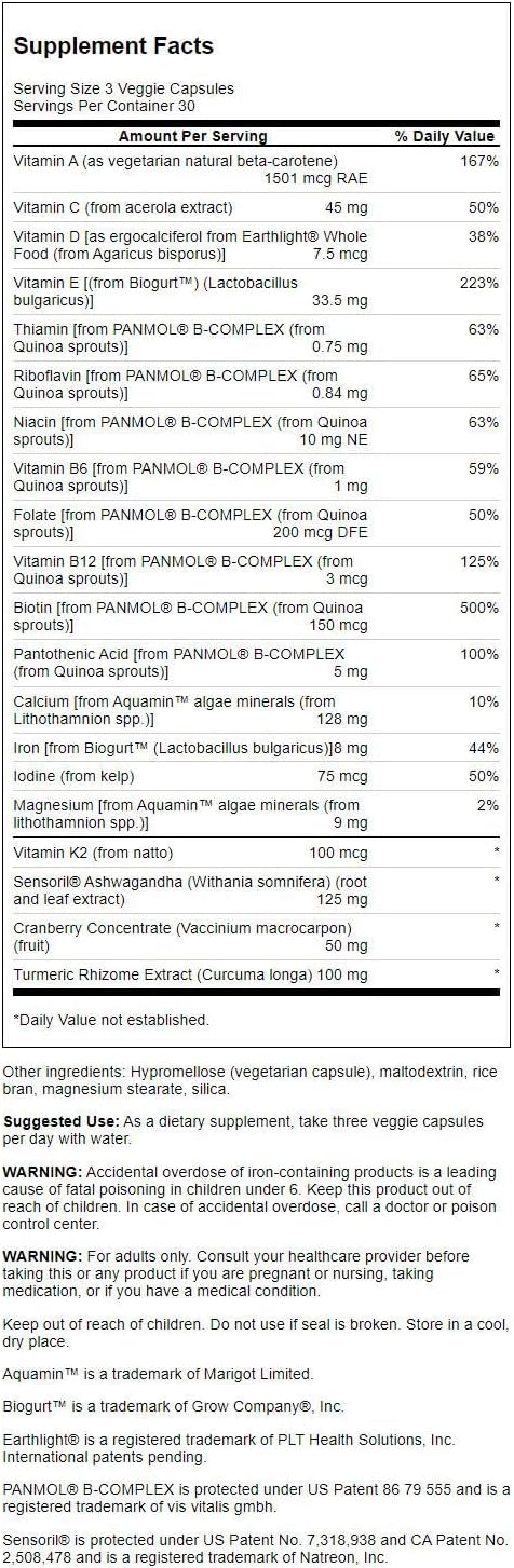 Swanson Real Food Multi Women'S Multivitamin Multimineral Women'S Health Urinary Tract Stress Response Bone Hair Skin Nails Support Supplement Vegan Gluten-Free Non-Gmo 90 Veggie Capsules Veg Caps