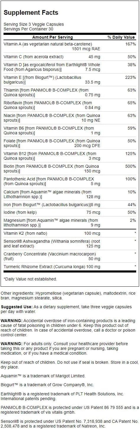 Swanson Real Food Multi Women'S Multivitamin Multimineral Women'S Health Urinary Tract Stress Response Bone Hair Skin Nails Supplement Vegan Gluten-Free Non-Gmo 90 Veggie Capsules (3 Pack)