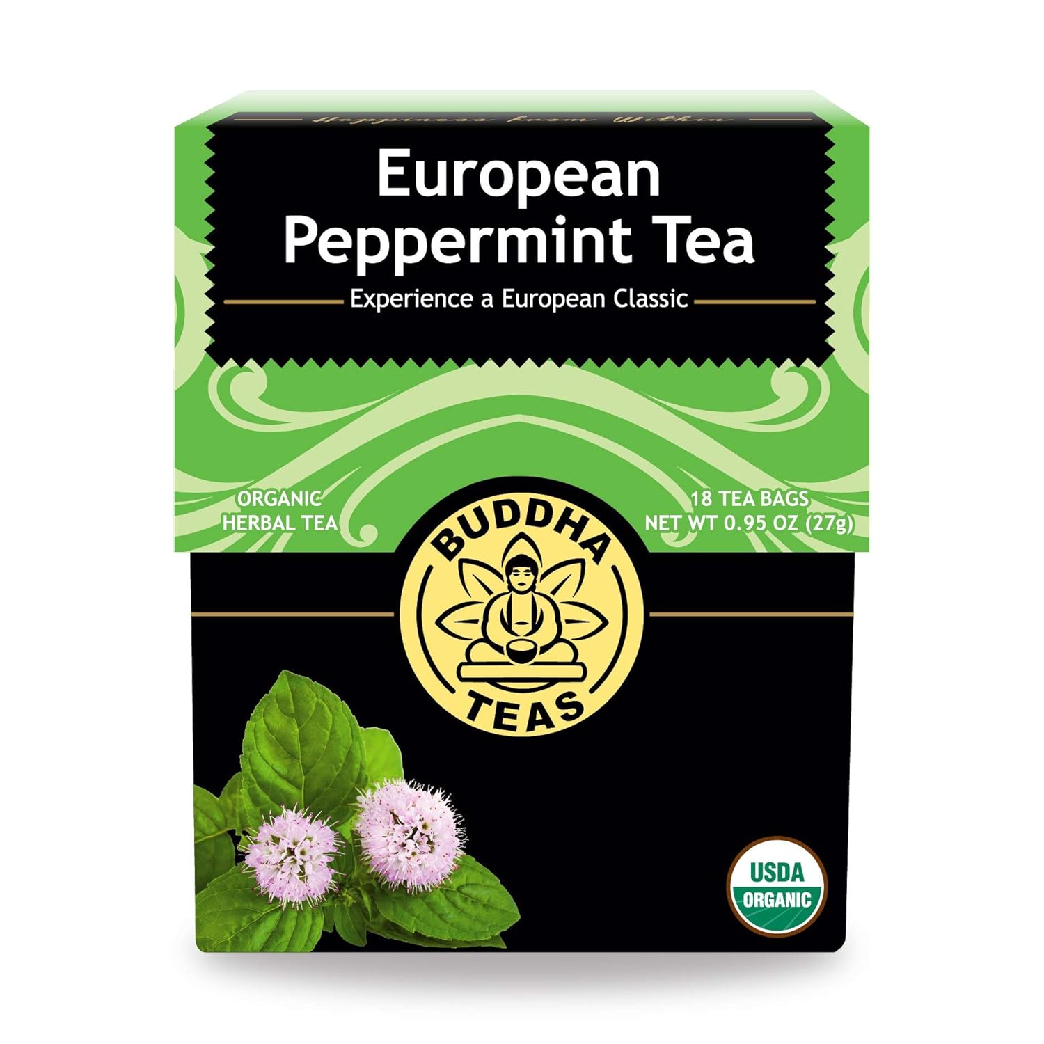 Buddha Teas Organic European Peppermint Tea - Ou Kosher, Usda Organic, Ccof Organic, 18 Bleach-Free Tea Bags