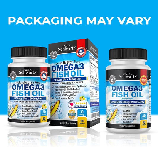 Omega 3 Fish Oil Supplement - 1200Mg Epa And 900Mg Dha Fatty Acid Per Serving - Supports Joint, Eyes, Brain & Skin Health - Burpless Lemon Flavor, Gluten-Free, 90 Softgels (Packaging May Vary)