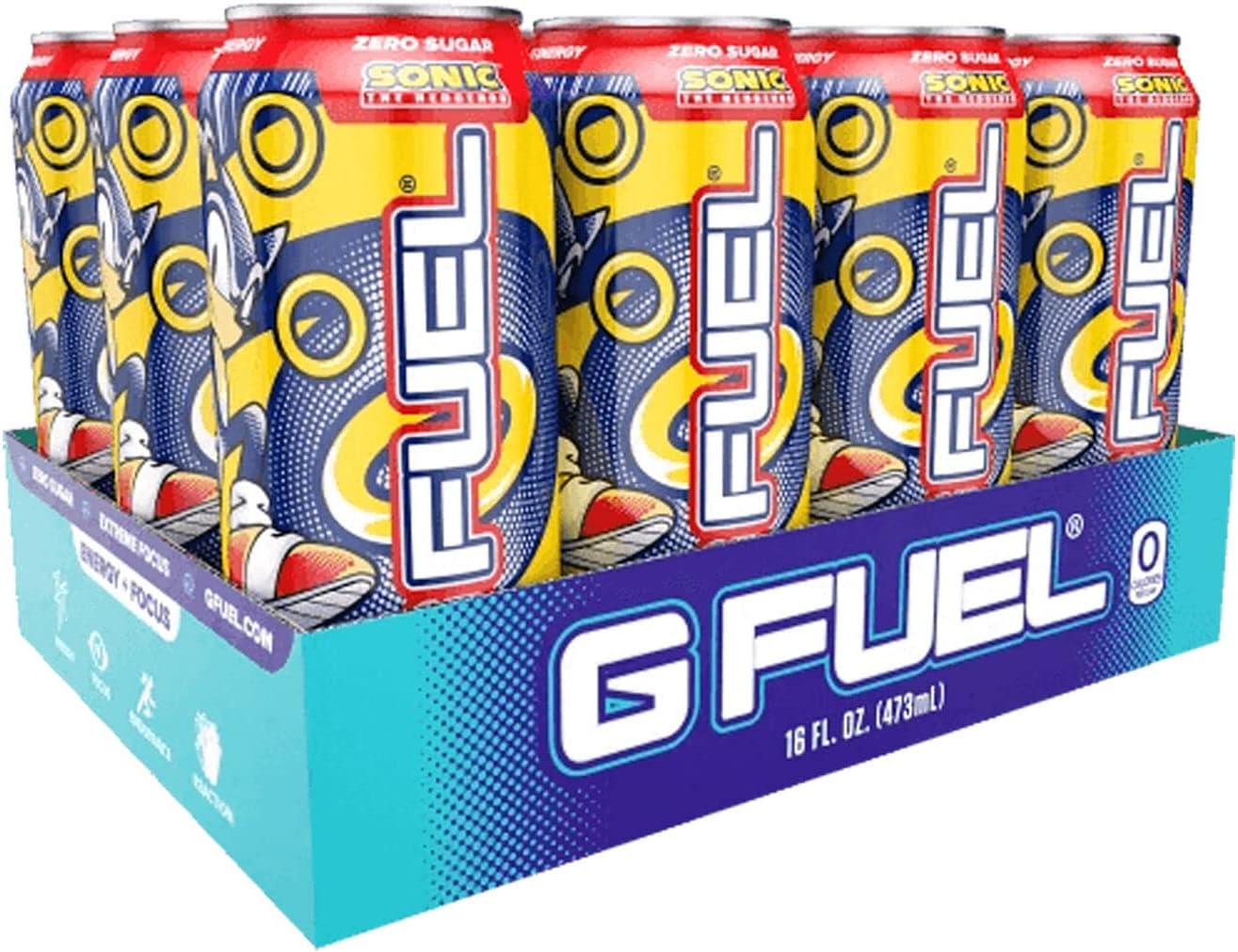 G Fuel Sonic Energy Drink, Sugar Free, Healthy Drinks, Zero Calorie, 300 Mg Caffeine Per Carbonated Can, Peach Ring Candy Flavor, Focus Amino, Vitamin + Antioxidants Blend - 12 Pack