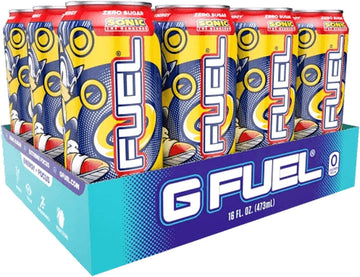 G Fuel Sonic Energy Drink, Sugar Free, Healthy Drinks, Zero Calorie, 300 Mg Caffeine Per Carbonated Can, Peach Ring Candy Flavor, Focus Amino, Vitamin + Antioxidants Blend - 12 Pack