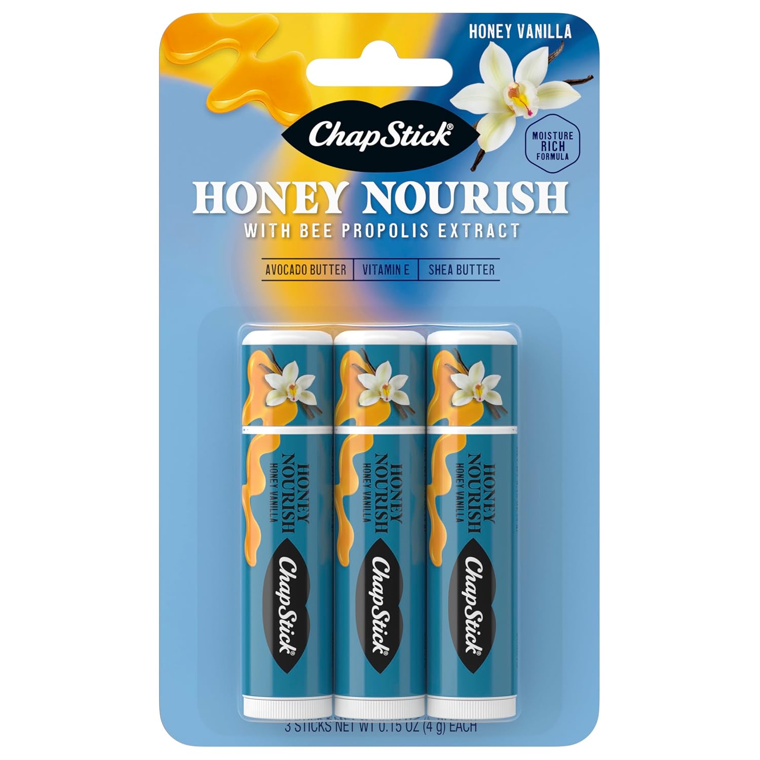 Chapstick Lip Balm Honey Nourish, Moisturizing Fomula With Shea Butter And Avocado Butter, Vitamin E, Honey Vanilla Flavor, 3Ct Bc .45Oz