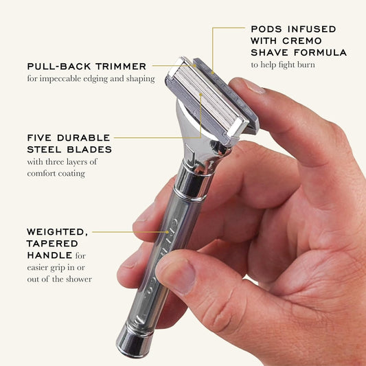 Cremo Original Shave Gift Set For Men, Includes Impossibly-Slick 6 Oz Shaving Cream, Chrome Barber Grade Razors For Men And Four Razor Blades Refills