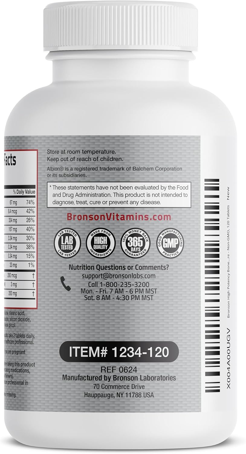 Bronson Bone Health & Strength Complex* High Potency Formula 200 MCG of Vitamin K2 as MK7, Plus Calcium, Boron, Cissus Quadrangularis, Magnesium, Vitamin D3, and More - Non-GMO, 120 Tablets : Health & Household