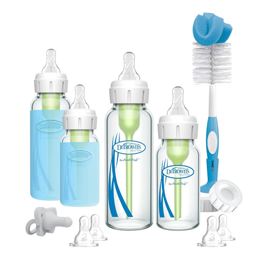 Dr. Brown'S Natural Flow® Anti-Colic Options+™ Narrow Glass Baby Bottle Starter Set With Silicone Sleeves,Brush And Soft 100% Silicone Happypaci™ Pacifier For Newborns