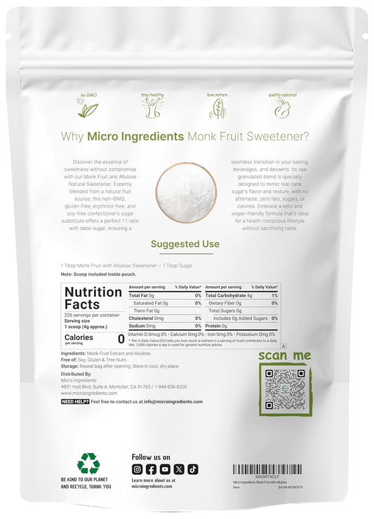 Micro Ingredients Golden Monk Fruit Sweetener Allulose, 2 Lbs | No Erythritol, No Aftertaste, 1:1 Brown Sugar Substitute | Zero Calorie, Great For Drinks, Coffee, Tea, Cookies | Keto, Vegan, Non-Gmo