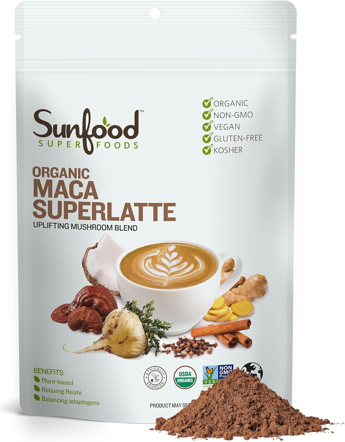 Sunfood Superfoods Maca Superlatte Powder Drink Mix with Reishi Mushrooms and Gelatinized Maca | 6oz Bag | Organic, Non-GMO, Vegan