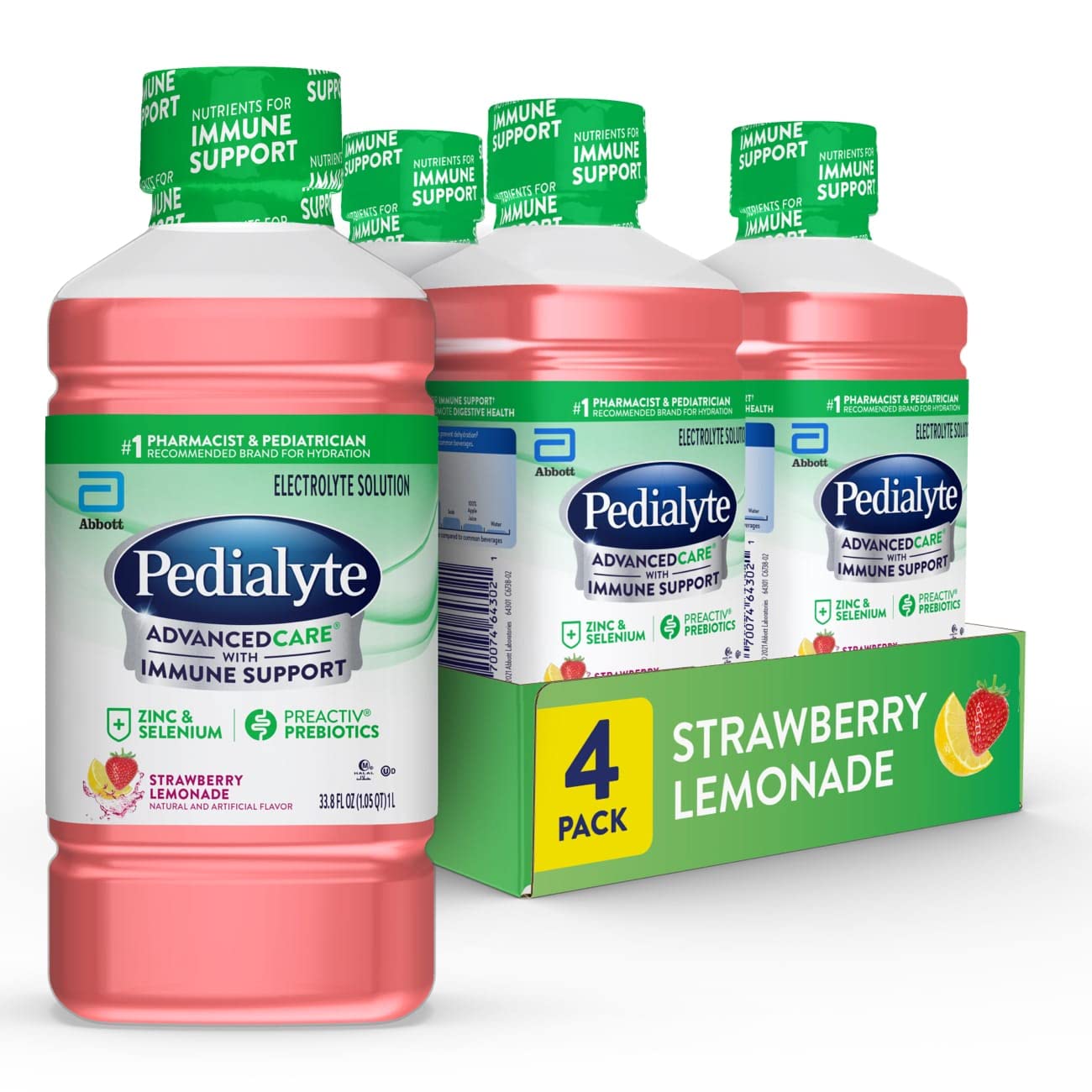 Pedialyte Advancedcare Electrolyte Solution With Preactiv Prebiotics, Hydration Drink, Strawberry Lemonade, 1 Liter, 4 Count