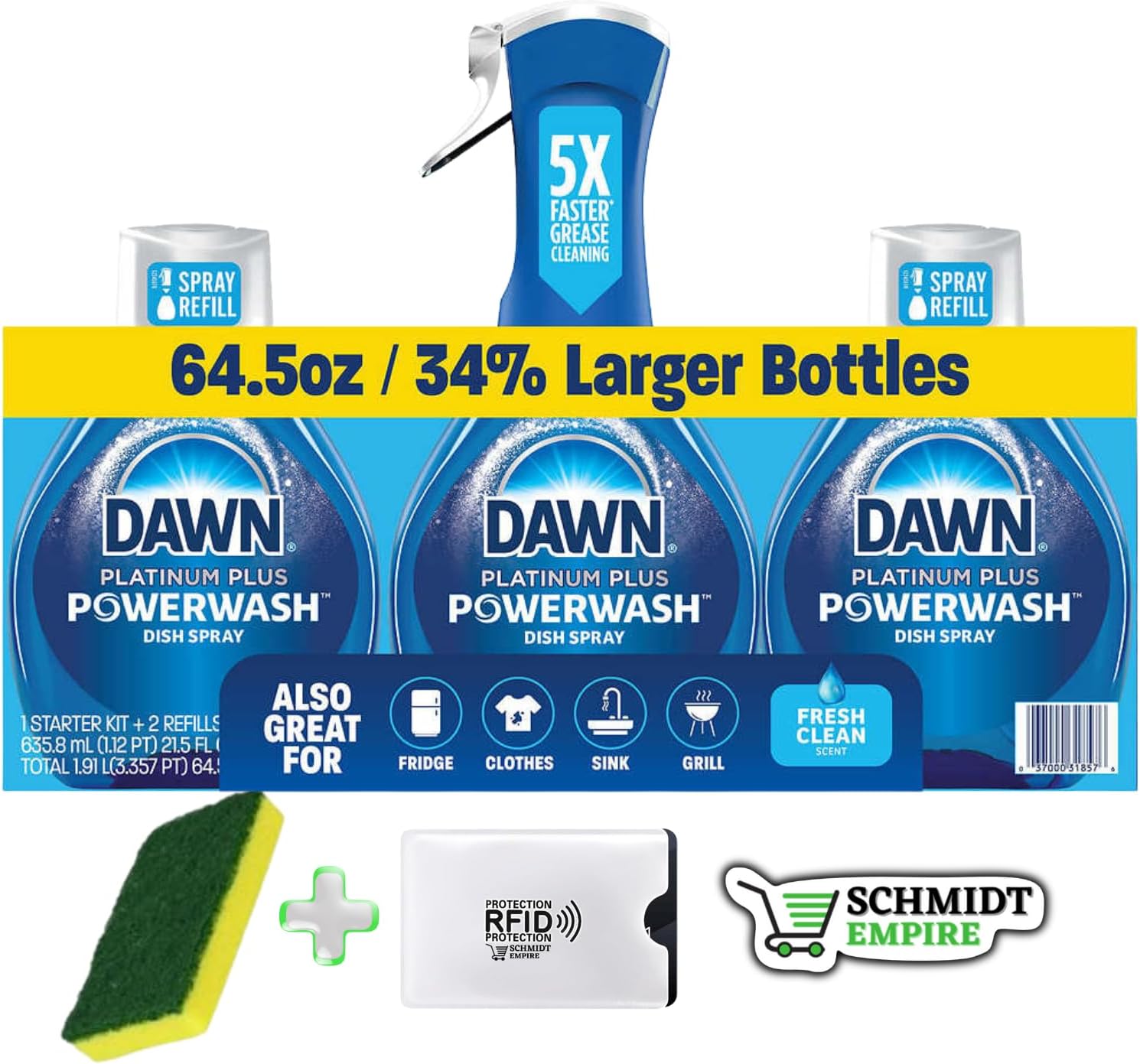 Dawn Platinum Powerwash, Fresh Scent, 1 Starter Kit + 2 Refills + Cleaning Sponge + 1 Card Protector SchmiidtEmpire + Sticker (16oz each - 3 Piece Set - Pack of 1)