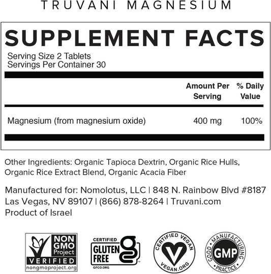 Truvani Magnesium 400Mg Oxide Tablets | 60 Tablets | Supports Calm And Sleep, Healthy Bones, Muscle Health, Digestive Health | Non-Gmo, Vegan Pills