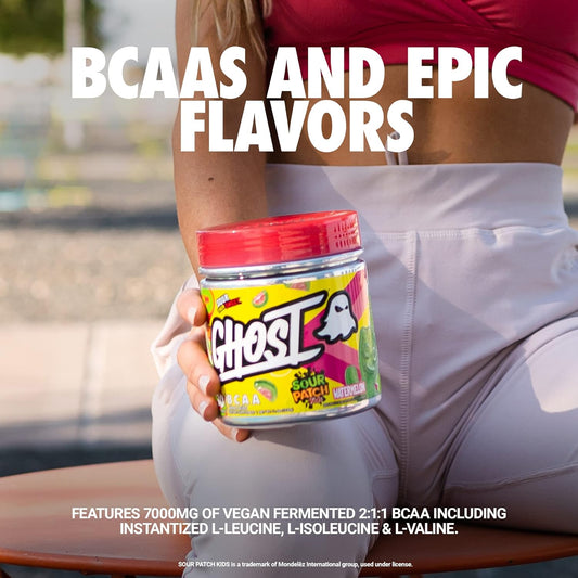 GHOST BCAA Powder Amino Acids Supplement, Sour Patch Kids Watermelon - 30 Servings - Sugar-Free Intra, Post & Pre Workout Amino Powder & Recovery Drink, 7G BCAA Supports Muscle Growth