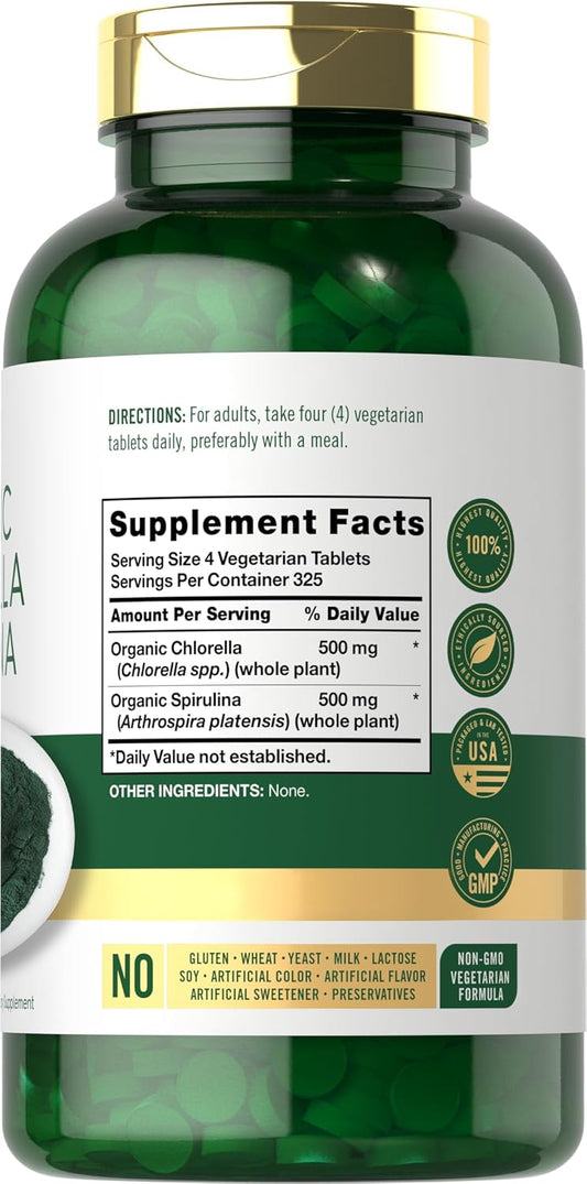 Carlyle Organic Chlorella Spirulina Tablets | 1300 Count | 50/50 Blend | Non-Gmo And Gluten Free