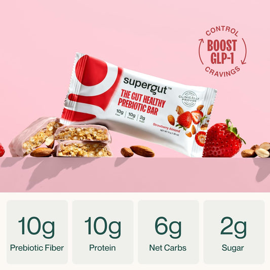 Supergut Glp-1 Boosting Prebiotic Bars, Strawberry Almond - Gut Healthy Protein Snacks & Breakfast Bars - Keto-Friendly Meal Replacement Energy Bars For Gut Health (12 Count)