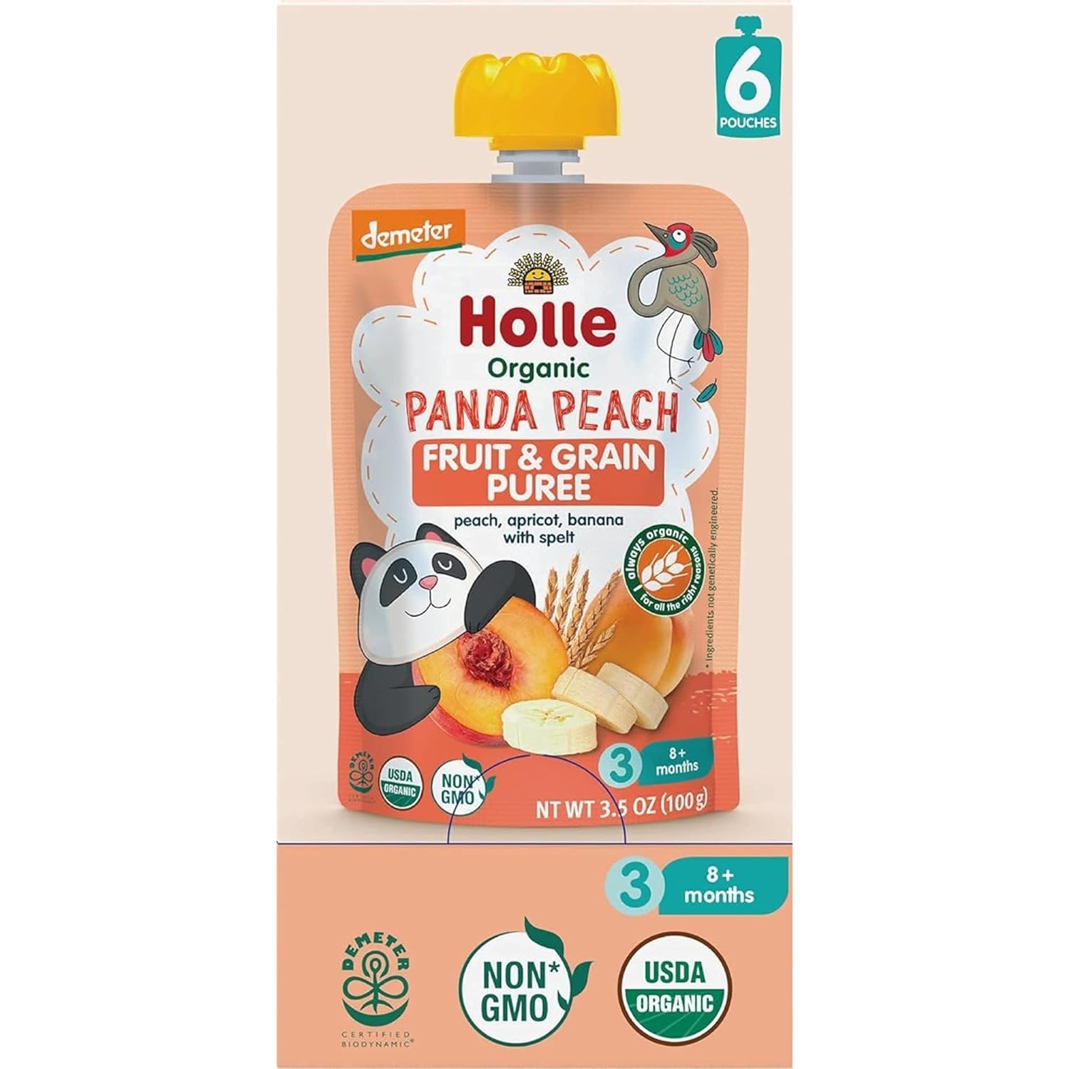 Holle Organic Baby Food Pouches - Panda Peach Baby Puree with Peach, Banana, Apricot & Spelt - (6 Pack) Organic Baby Snacks + Fruit and Veggie Pouches for Weaning Babies 6 Months and Older