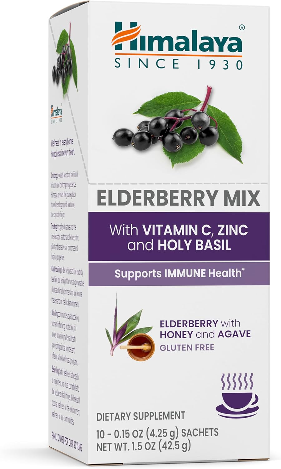 Himalaya Elderberry Mix, Drink Mix Supplement, Immune Support With Elderberry, Zinc, Vitamin C And Holy Basil, Caffeine Free, 10-0.15 Oz (4.3 G) Packets, Easy To Mix, Gluten Free