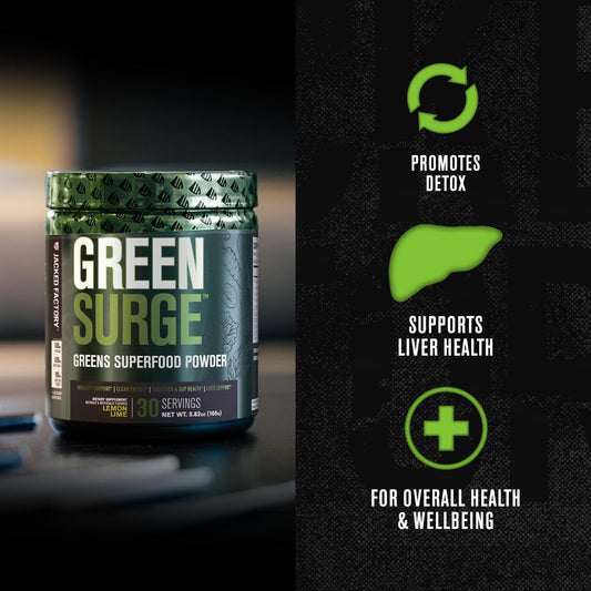 Jacked Factory Green Surge Green Superfood Powder- Keto Friendly Greens Drink W/Spirulina, Wheat & Barley Grass, Organic Greens - Green Tea Extract, Probiotics & Digestive Enzymes - Sour Apple - 30Sv