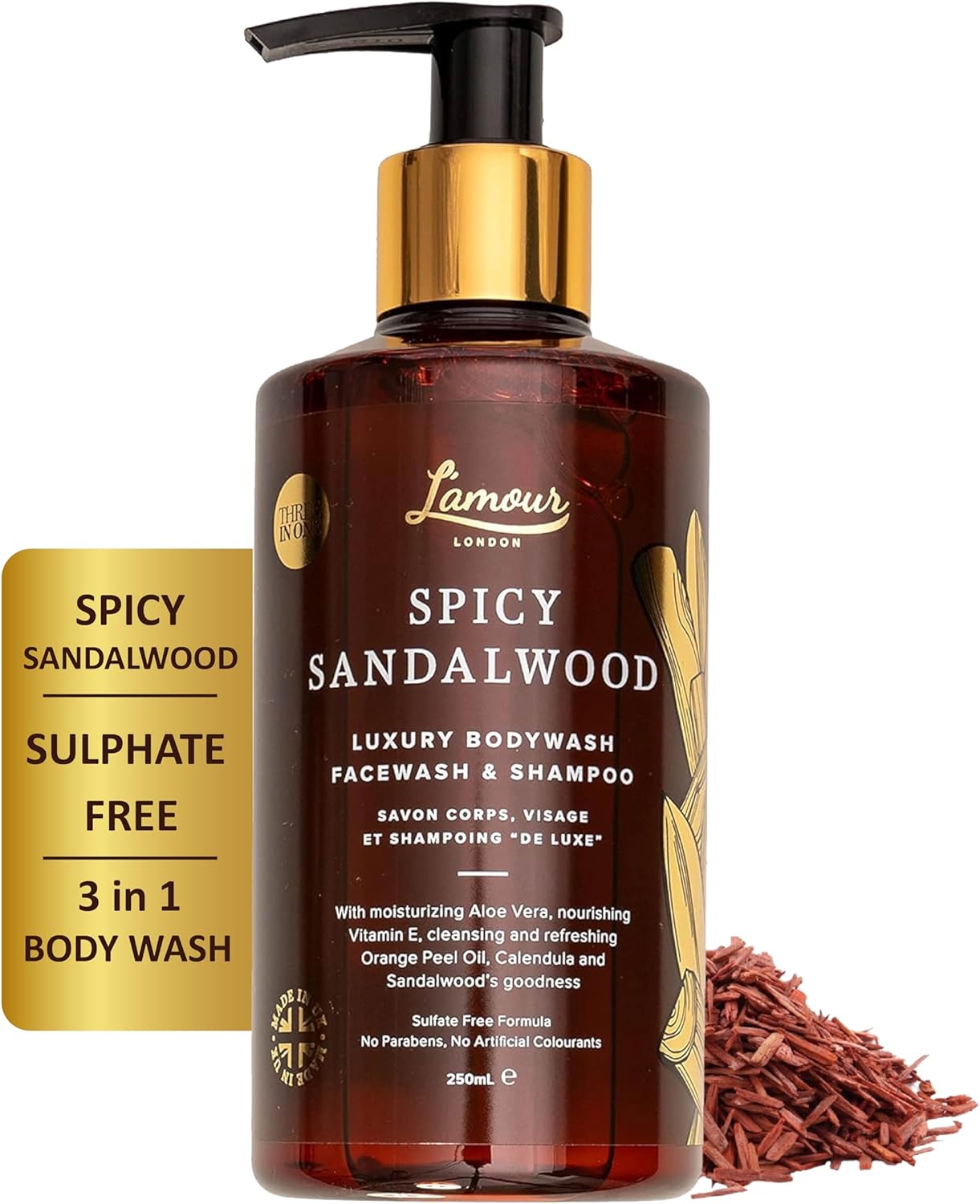 L'Amour Natural | Spicy Sandalwood | Luxury Face Wash, Body Wash & Shampoo | Essential Oils | Sulphate Free | Gentle For Dry And Sensitive Skin | 250Ml