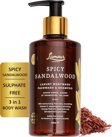 L'Amour Natural | Spicy Sandalwood | Luxury Face Wash, Body Wash & Shampoo | Essential Oils | Sulphate Free | Gentle For Dry And Sensitive Skin | 250Ml