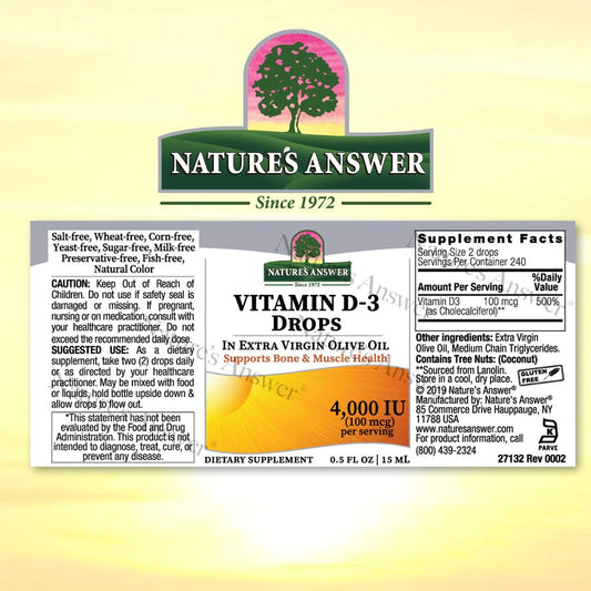 Natures Answer Platinum Vitamin D3 4000 IU Supplement Liq Drop, 0.5  - 2 per case. | Immune Booster | Promotes Muscle & Bone Health