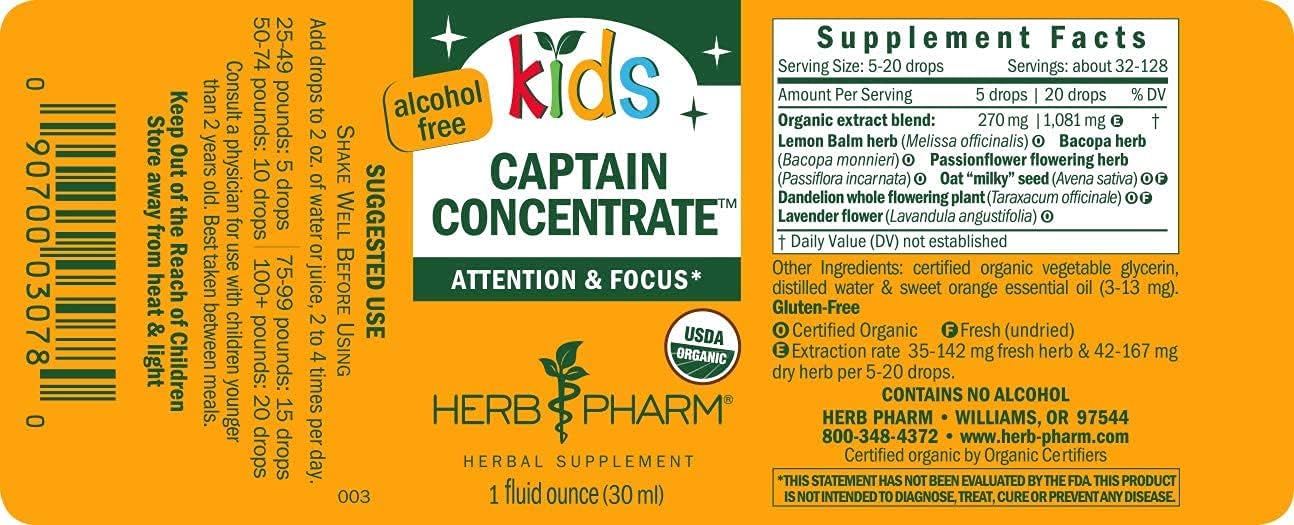 Herb Pharm Kids Certified-Organic Alcohol-Free Captain Concentrate Liq Herbal Formula, 1  