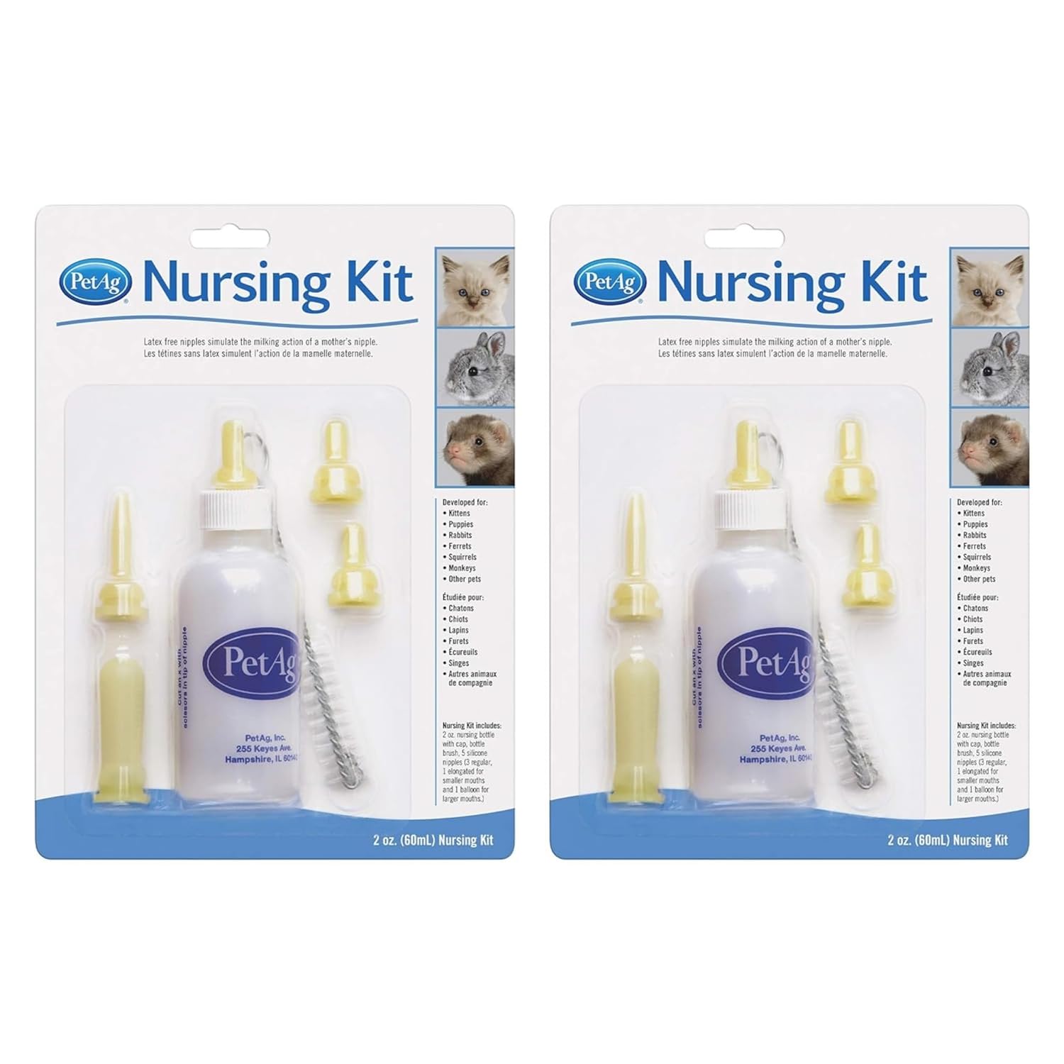 Pet-Ag Nursing Kit - 2 Oz, Pack Of 2 - Promotes The Natural Feeding Of Liquids To Baby Animals - Each Kit Includes 2 Oz. Bottle With Cap, 5 Nipples & Cleaning Brush