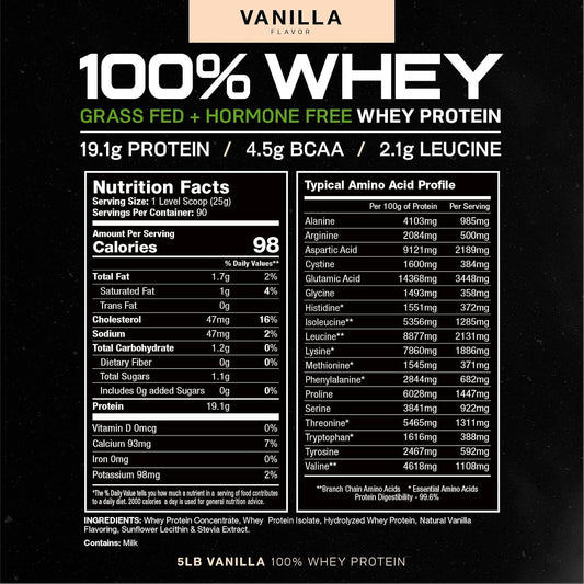 Muscle Feast 100% Grass-Fed Whey Protein, Pastured Raised Hormone Free All Natural, Vanilla, 5Lb