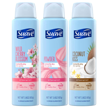 Suave Deodorant For Women, Dry Spray Antiperspirant Variety Pack – Powder, Coconut Kiss & Cherry Blossom, Dries Instantly, 48H Protection, 3.8 Oz Ea (3 Piece Set)