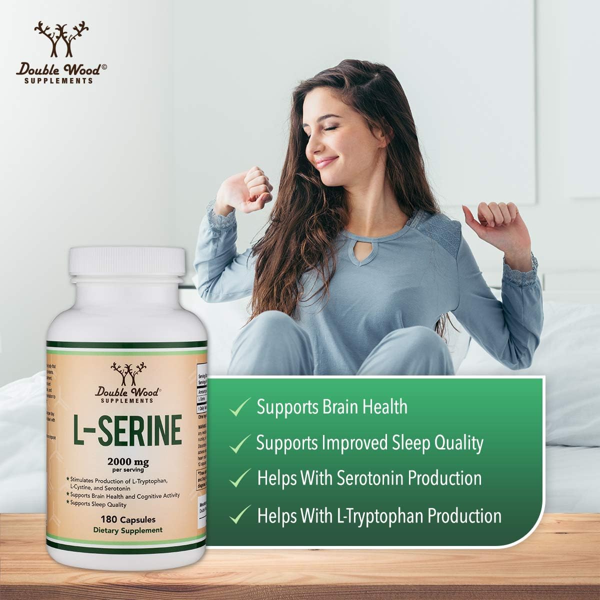 L-Serine Capsules (Third Party Tested) - 2,000mg Servings Used in Clinical Study, 180 Count, 500mg per Capsule (L Serine Amino Acid for Serotonin Production and Brain Support) by Double Wood : Health & Household