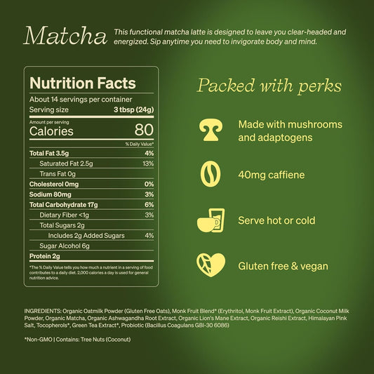 Clevr Blends Organic Matcha Green Tea Latte, Instant Ceremonial Grade Matcha, Superfood Powder Blend With Oat Milk, Lions Mane, Reishi Mushroom, Coconut Cream, Ashwagandha, Serve Hot Or Iced, 12 Oz