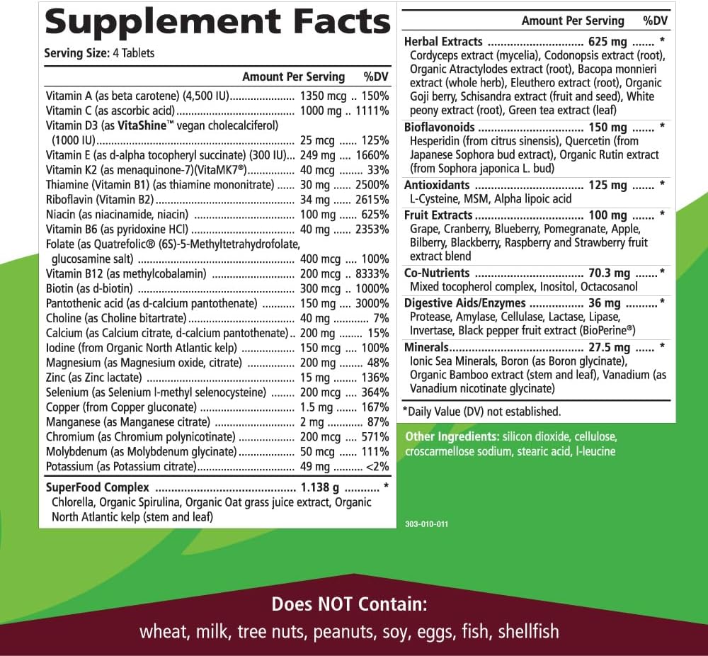 PURE ESSENCE LABS LifeEssence Multivitamin for Women and Men - Natural Herbal Supplement - Vitamin D, Vitamin D3, Vitamin B12, Biotin with Whole Foods (240 Tablets) : Health & Household