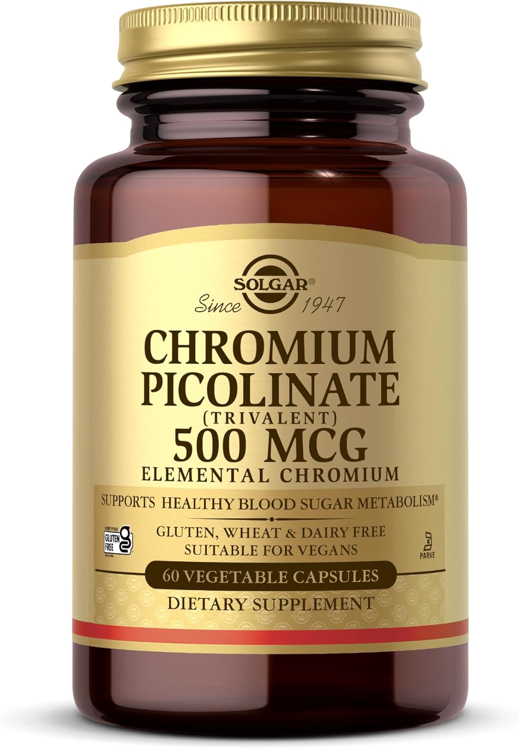 Solgar Chromium Picolinate 500 Mcg - 60 Vegetable Capsules - Supports Sugar, Fat & Protein Metabolism - Non-Gmo, Gluten Free, Kosher - 30 Servings