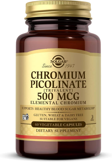 Solgar Chromium Picolinate 500 Mcg - 60 Vegetable Capsules - Supports Sugar, Fat & Protein Metabolism - Non-Gmo, Gluten Free, Kosher - 30 Servings