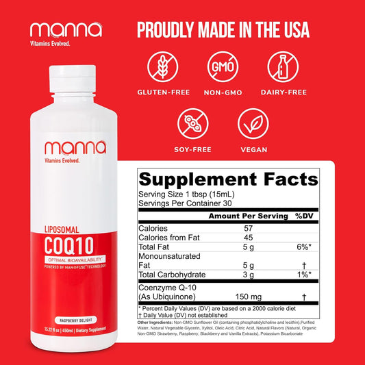 Manna Liposomal Coq10 – Ultra Absorption Ubiquinone For Heart, Energy, Brain & Immune Support – Antioxidant & Cellular Protection For Healthy Aging – Vegan, Non-Gmo, 10X Better Absorption