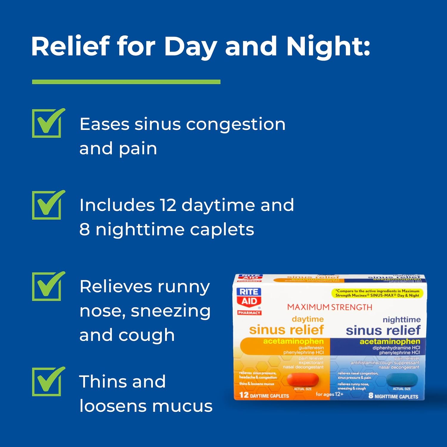 Rite Aid Maximum Strength Daytime and Nighttime Sinus Relief Caplets - 20 Count | Sinus & Cold Medicine | Cough & Cold Medicine | Cold Medicine for Adults | Sinus Pressure & Tension Headache Relief : Health & Household