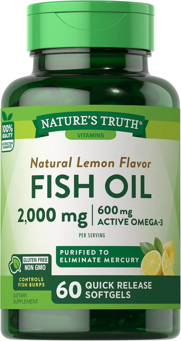 Fish Oil 2000 Mg Softgels | 60 Count | Burpless, Lemon Flavor Pills | Non-Gmo And Gluten Free Omega 3 Supplement | By Nature'S Truth