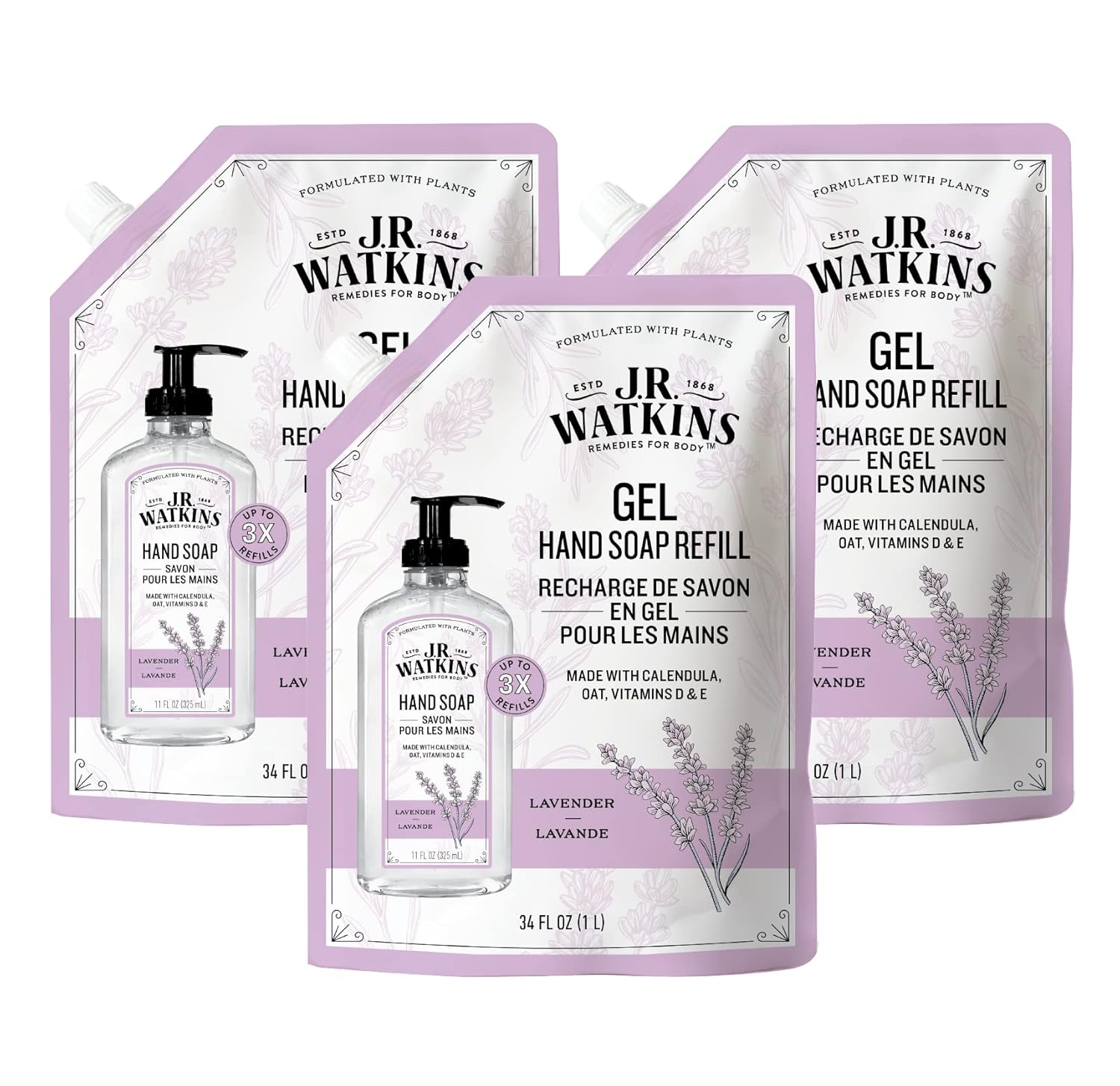 J.R. Watkins Gel Hand Soap Refill, Moisturizing Hand Wash, All Natural, Alcohol-Free, Cruelty-Free, Usa Made, Lavender, 34 Fl Oz (Pack Of 3)