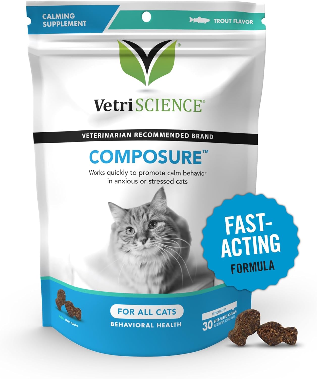 VETRISCIENCE Composure Cat Calming Chews - Clinically Supported Cat Anxiety Relief Supplement for Stress, Grooming, Vet Visits, Separation & More - 30 Count, Trout Flavor