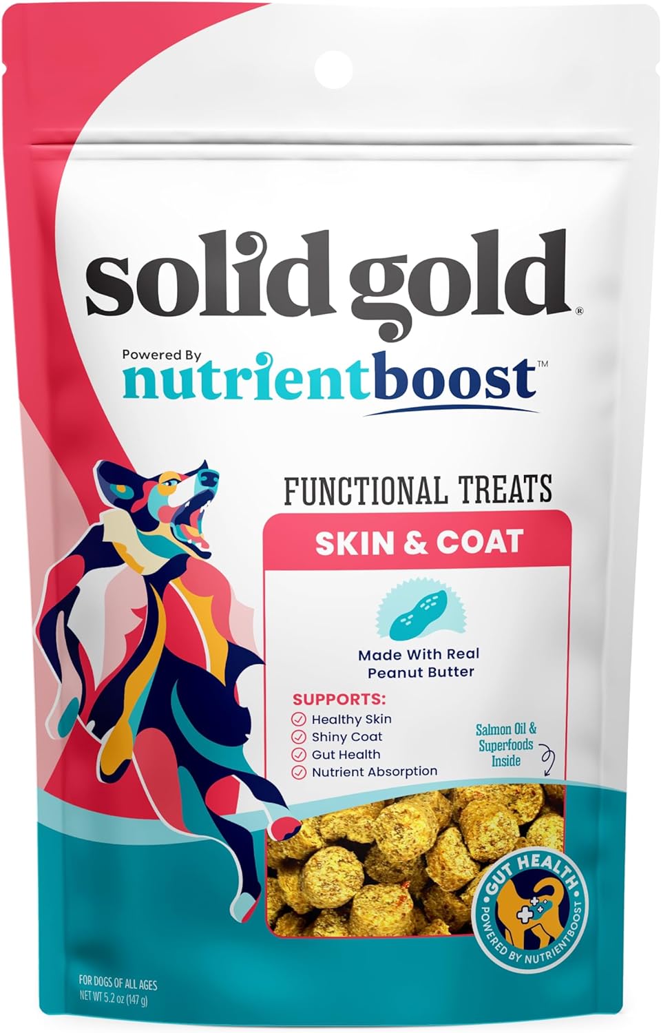 Solid Gold Healthy Dog Treats - Functional Dog Treats For Training + Skin & Coat Health - Peanut Butter Flavor With Salmon Oil Healthy Training Treats For Dogs - 5.2 Oz