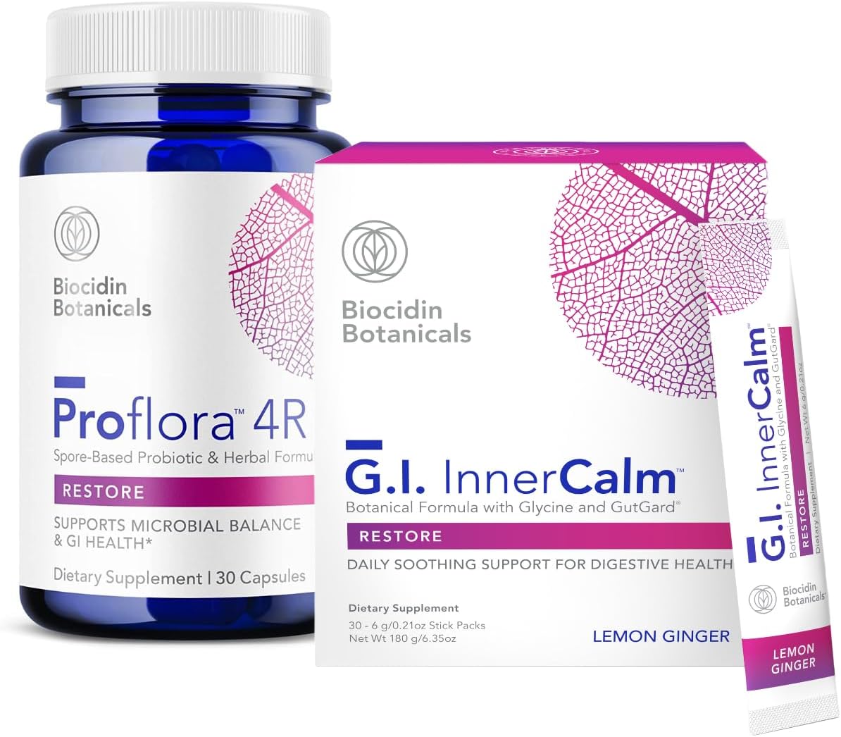 Gi Innercalm & Proflora 4R Probiotic Gut Health Bundle By Biocidin - Soothing Daily Gut Support Drink & Spore Based Probiotic With Aloe To Support Digestion, Occasional Gas & Bloating (2 Products)