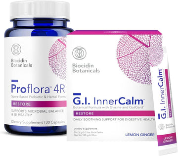 Gi Innercalm & Proflora 4R Probiotic Gut Health Bundle By Biocidin - Soothing Daily Gut Support Drink & Spore Based Probiotic With Aloe To Support Digestion, Occasional Gas & Bloating (2 Products)